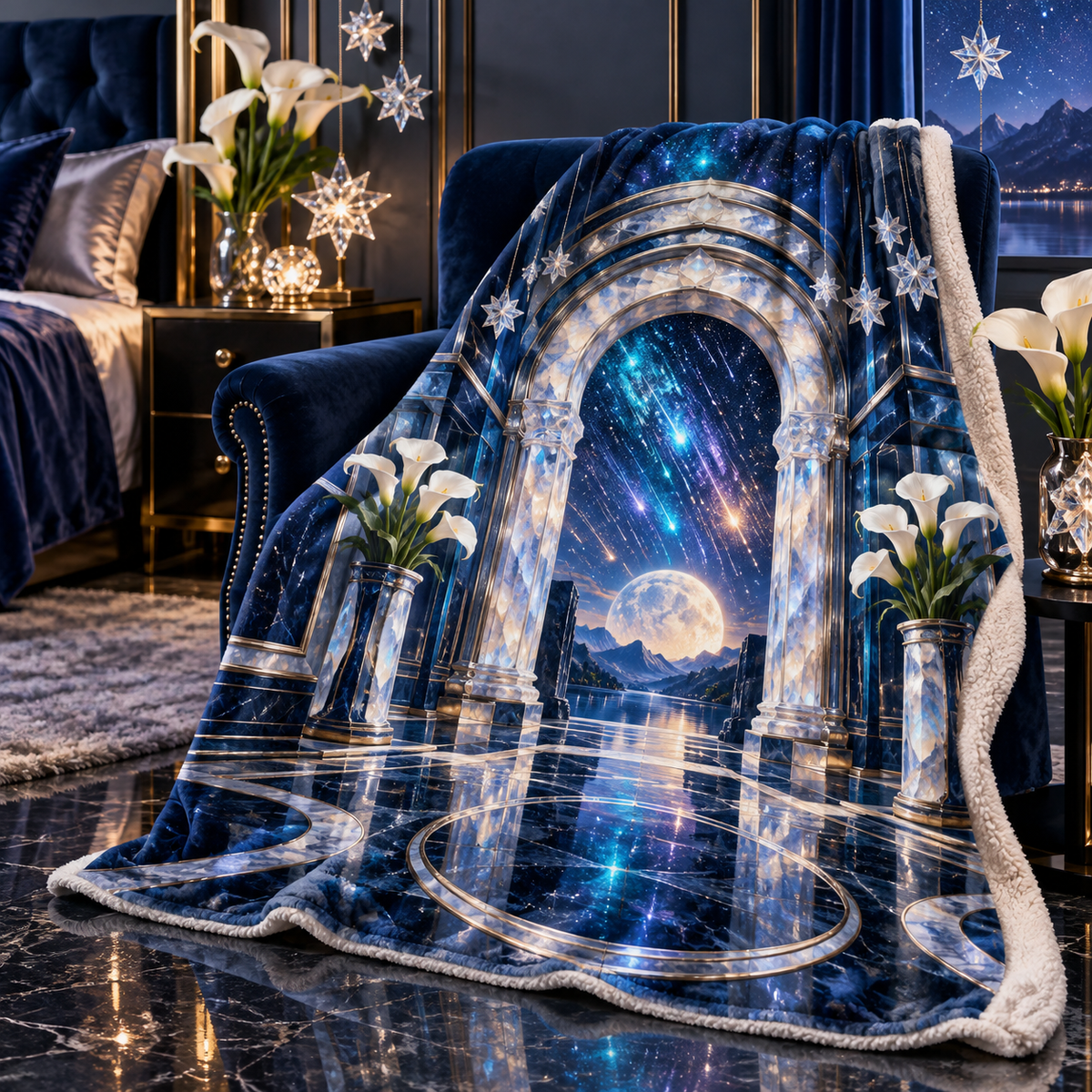 Meteor Moonstone Arch Sherpa & Fleece Blanket with printed optical 3D artwork in its use setting