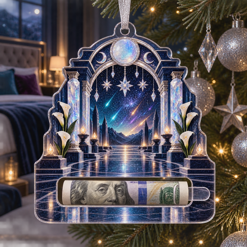 Meteor Moonstone Arch Acrylic Cash Holder Ornament with printed optical 3D artwork in its use setting