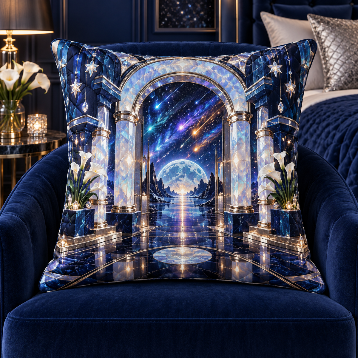 Meteor Moonstone Arch Quilted Cushion Cover with printed optical 3D artwork in its use setting