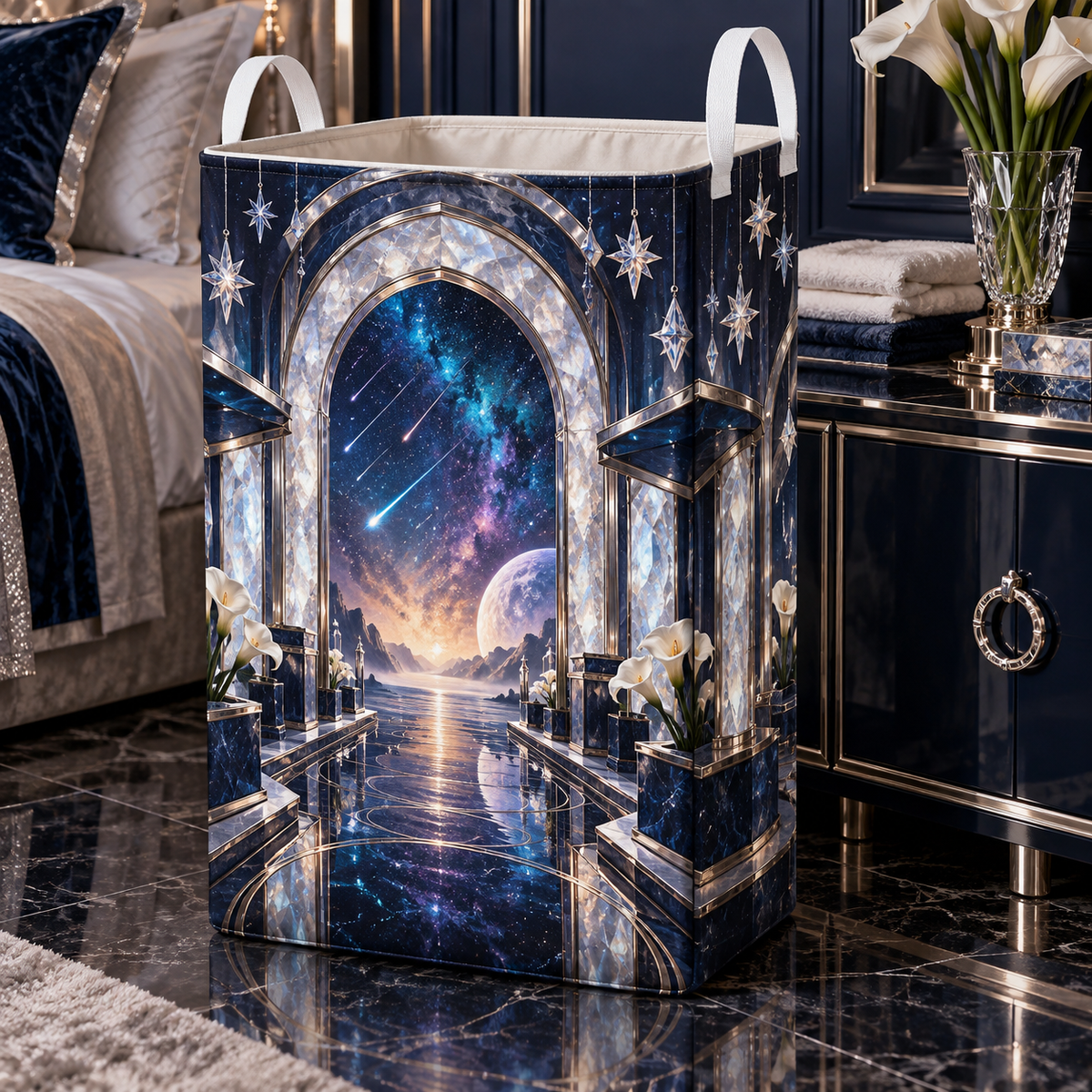 Meteor Moonstone Arch Laundry Hamper with printed optical 3D artwork in its use setting