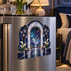 Meteor Moonstone Arch Acrylic Refrigerator Magnet with printed optical 3D artwork in its use setting
