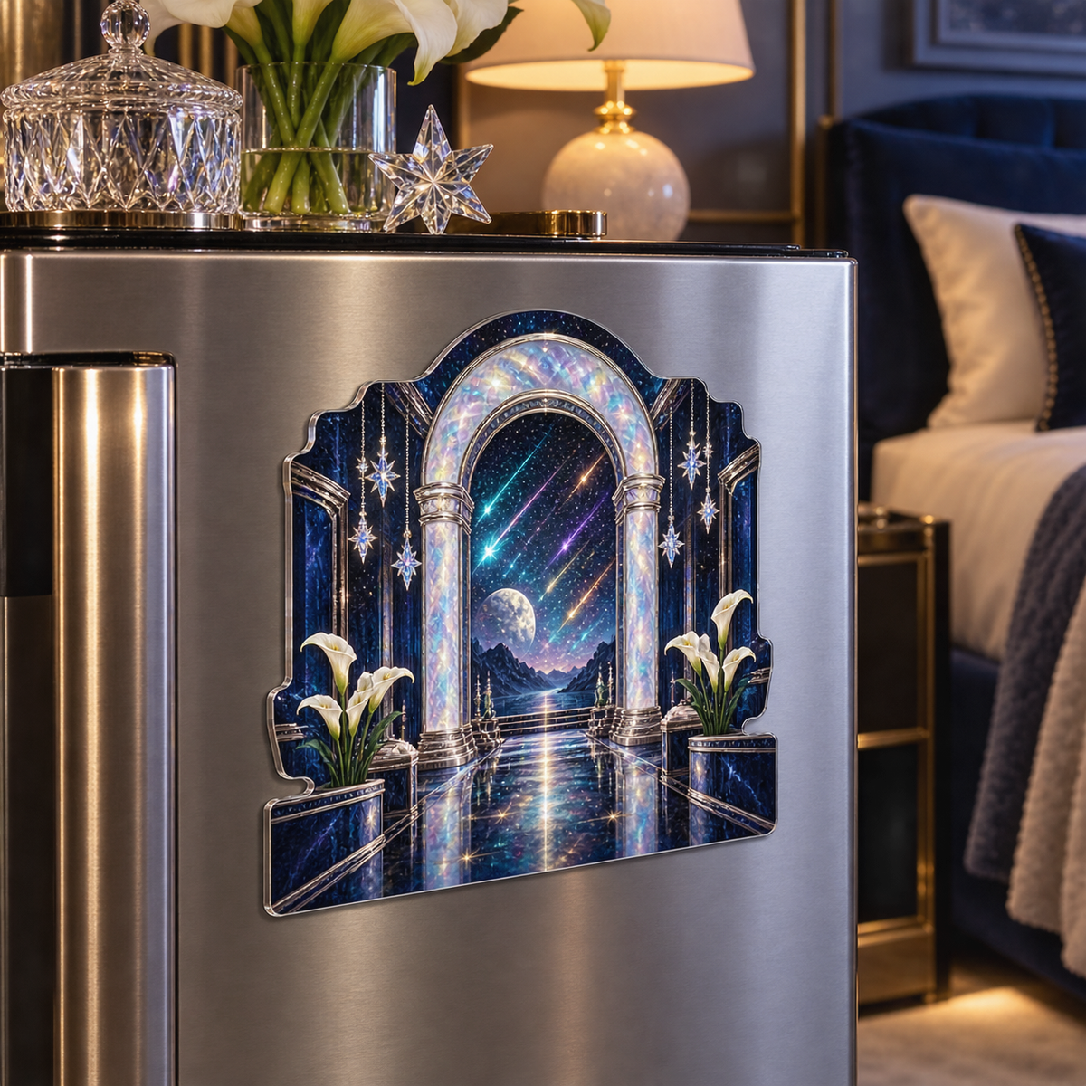 Meteor Moonstone Arch Acrylic Refrigerator Magnet with printed optical 3D artwork in its use setting