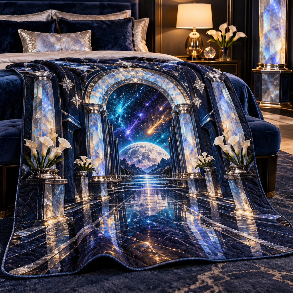 Meteor Moonstone Arch Quilt Blanket with printed optical 3D artwork in its use setting