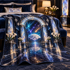 Meteor Moonstone Arch Quilt Blanket with printed optical 3D artwork in its use setting