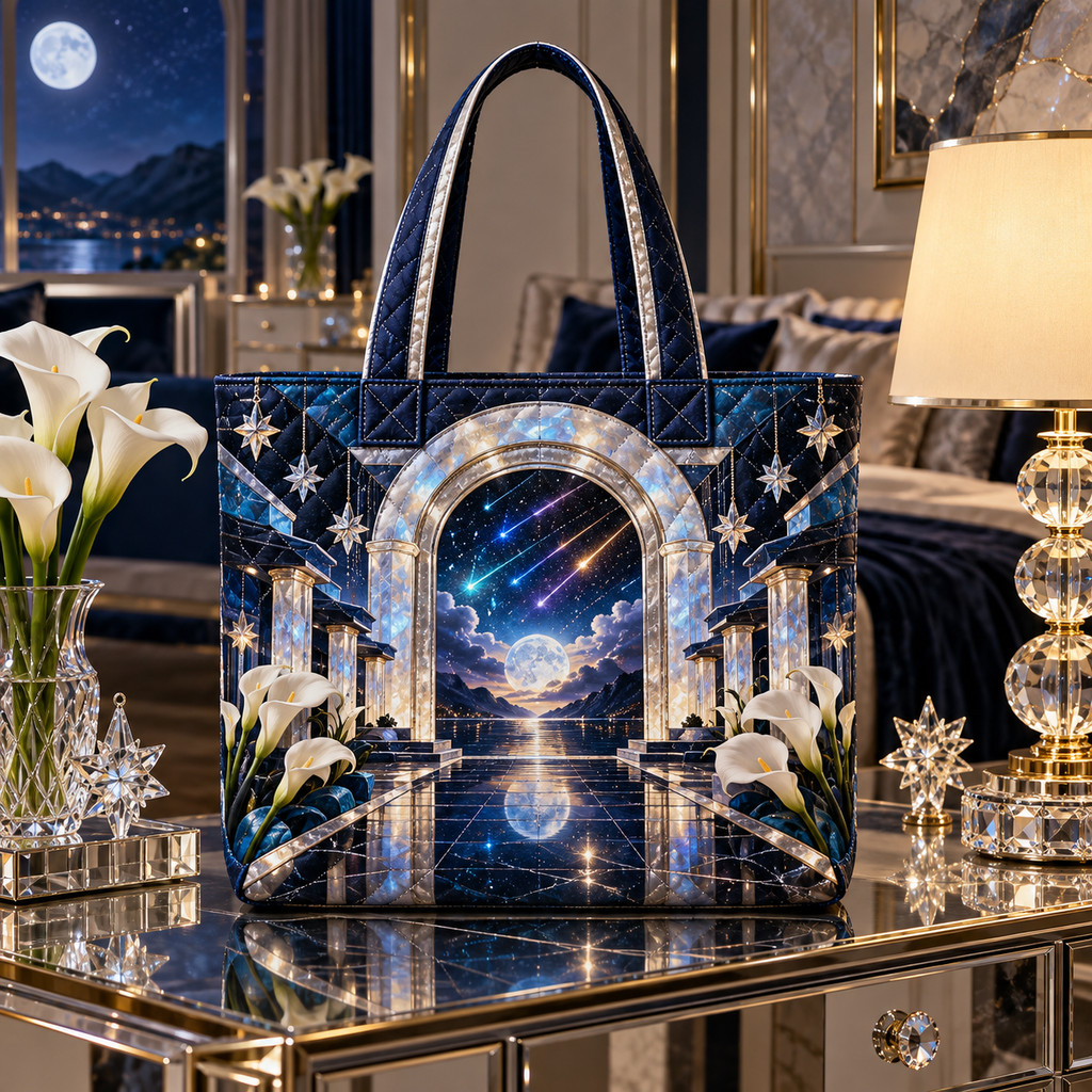 Meteor Moonstone Arch Quilted Tote Bag with printed optical 3D artwork in its use setting