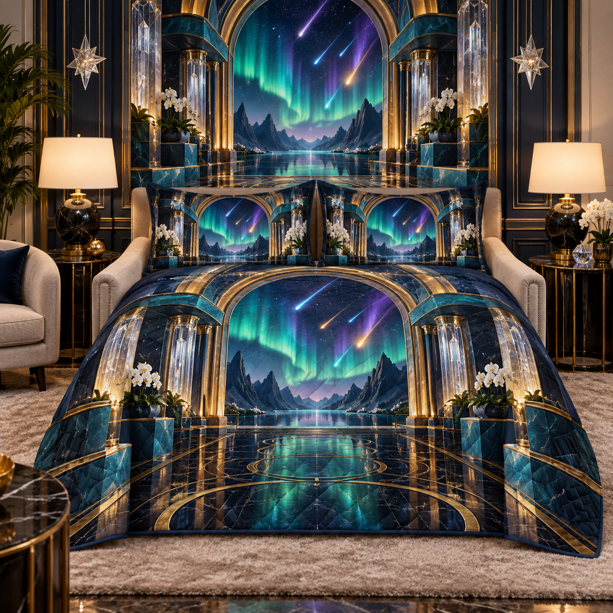 Meteor Aurora Gallery Quilted Bedding Set with printed optical 3D artwork in its use setting
