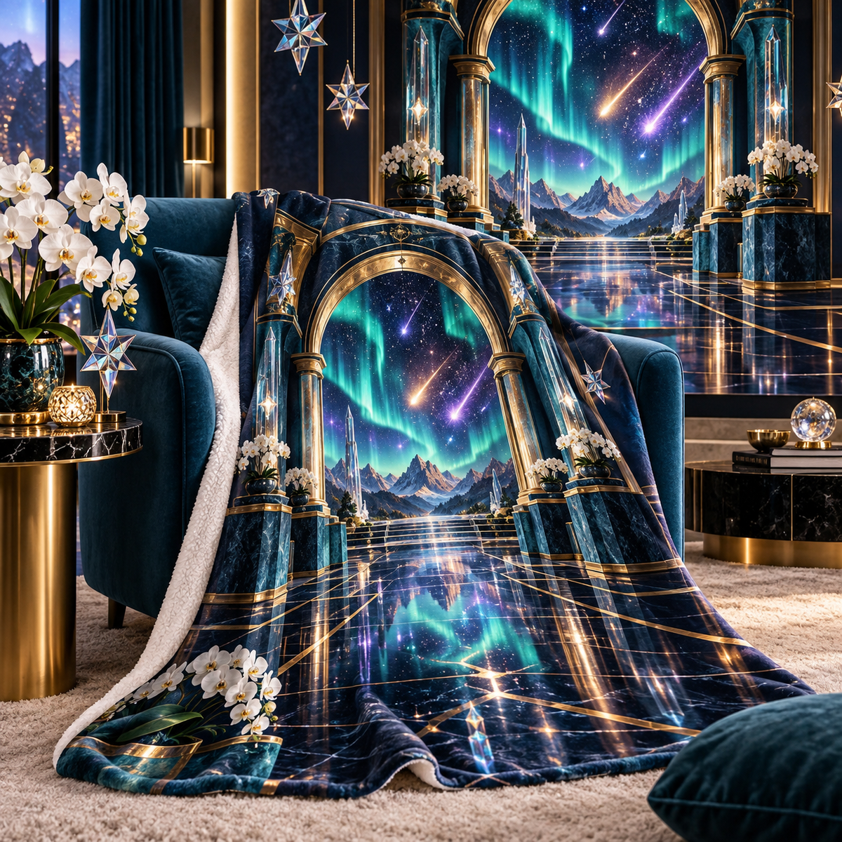 Meteor Aurora Gallery Sherpa & Fleece Blanket with printed optical 3D artwork in its use setting