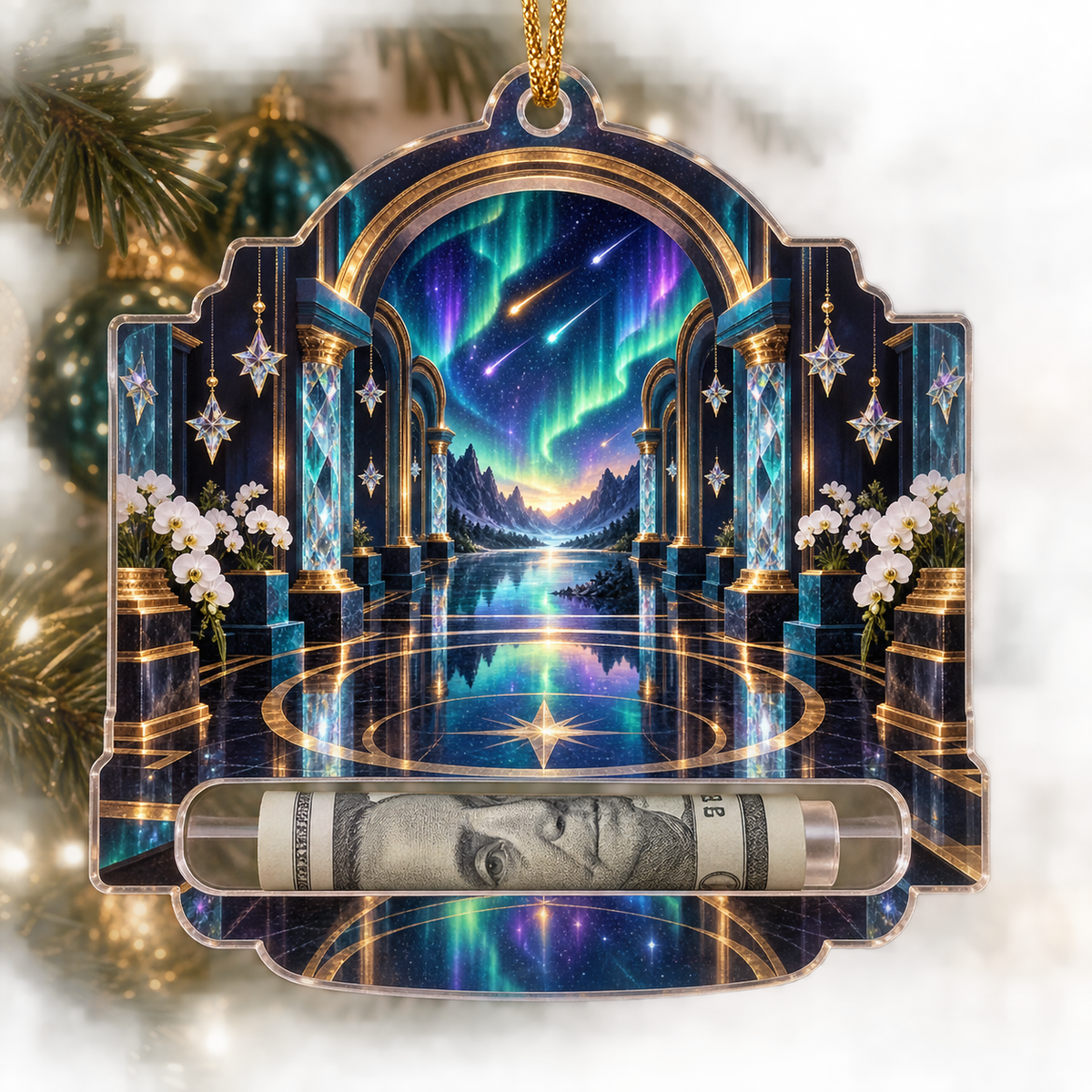 Meteor Aurora Gallery Acrylic Cash Holder Ornament with printed optical 3D artwork in its use setting