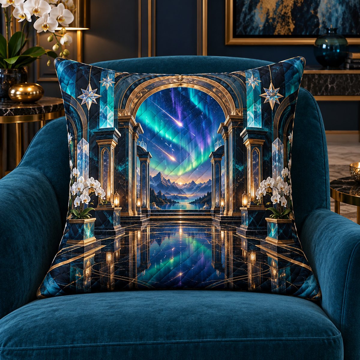 Meteor Aurora Gallery Quilted Cushion Cover with printed optical 3D artwork in its use setting