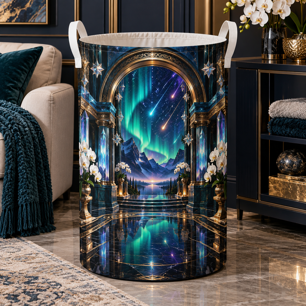 Meteor Aurora Gallery Laundry Hamper with printed optical 3D artwork in its use setting