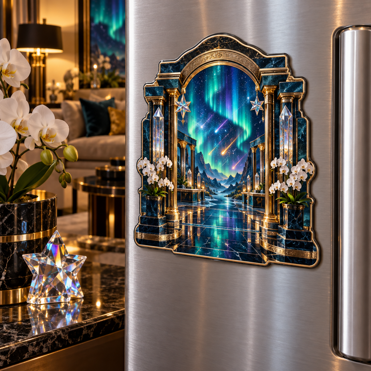 Meteor Aurora Gallery Acrylic Refrigerator Magnet with printed optical 3D artwork in its use setting