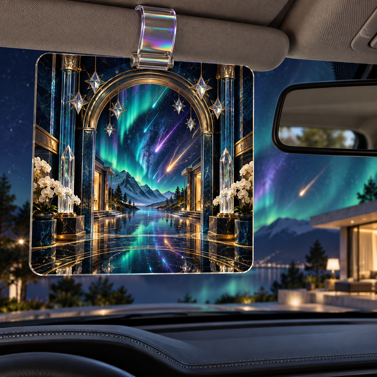 Meteor Aurora Gallery Holographic Car Visor Clip with printed optical 3D artwork in its use setting