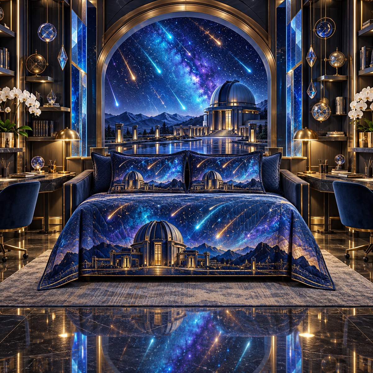 Meteor Observatory Office Quilted Bedding Set with printed optical 3D artwork in its use setting