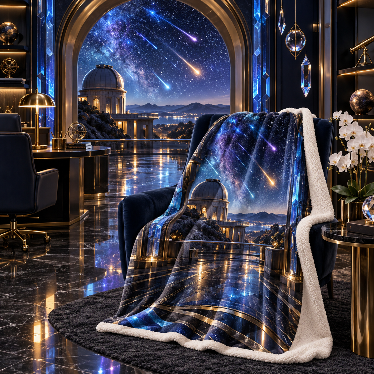 Meteor Observatory Office Sherpa & Fleece Blanket with printed optical 3D artwork in its use setting