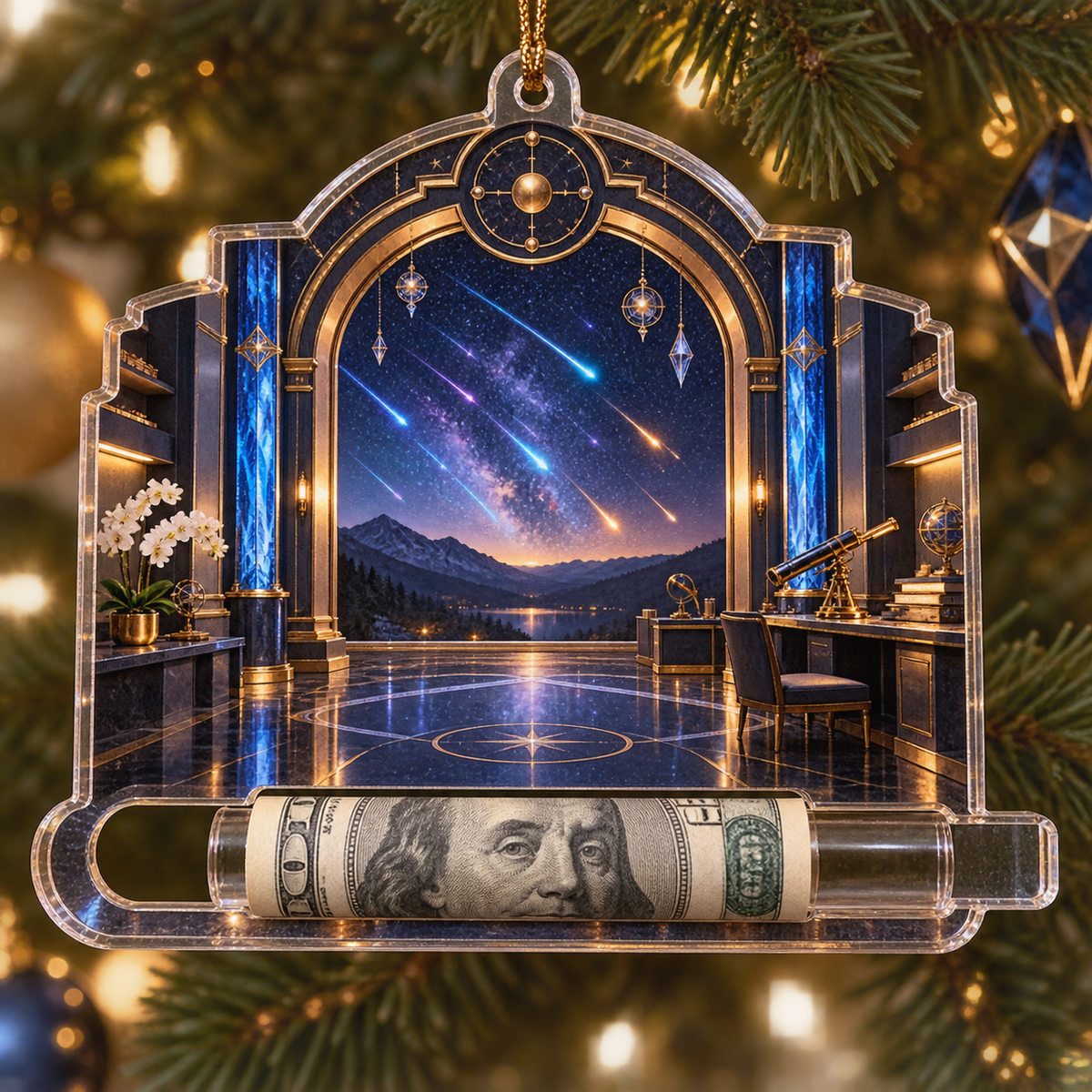 Meteor Observatory Office Acrylic Cash Holder Ornament with printed optical 3D artwork in its use setting