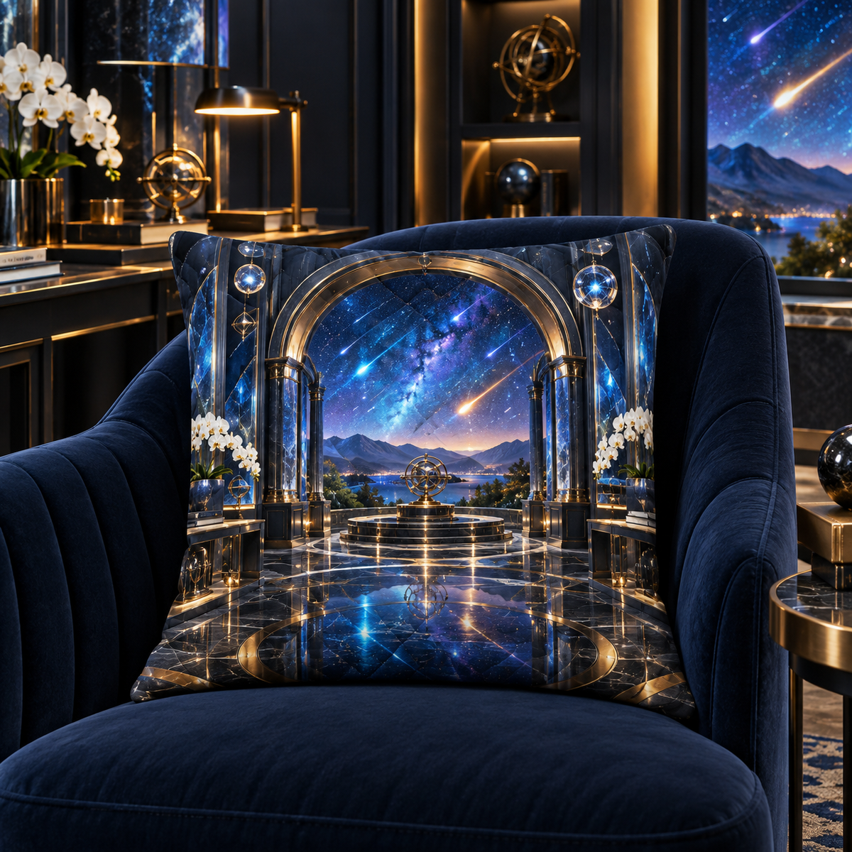 Meteor Observatory Office Quilted Cushion Cover with printed optical 3D artwork in its use setting