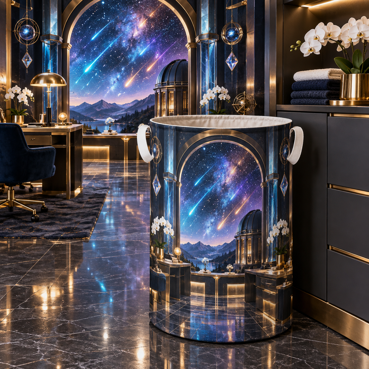 Meteor Observatory Office Laundry Hamper with printed optical 3D artwork in its use setting