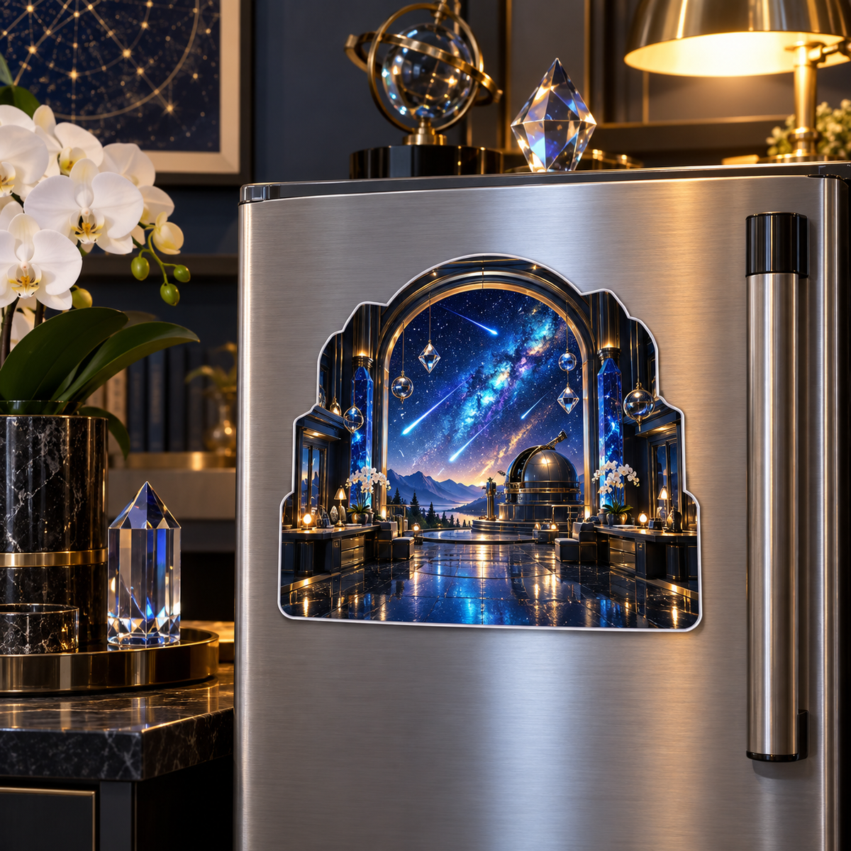 Meteor Observatory Office Acrylic Refrigerator Magnet with printed optical 3D artwork in its use setting