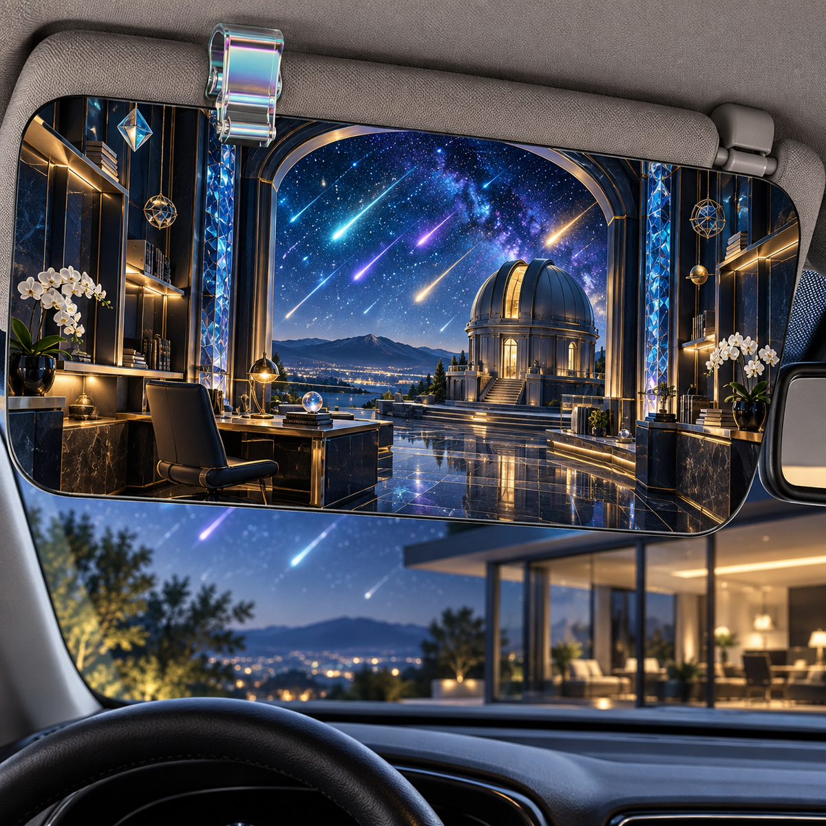 Meteor Observatory Office Holographic Car Visor Clip with printed optical 3D artwork in its use setting