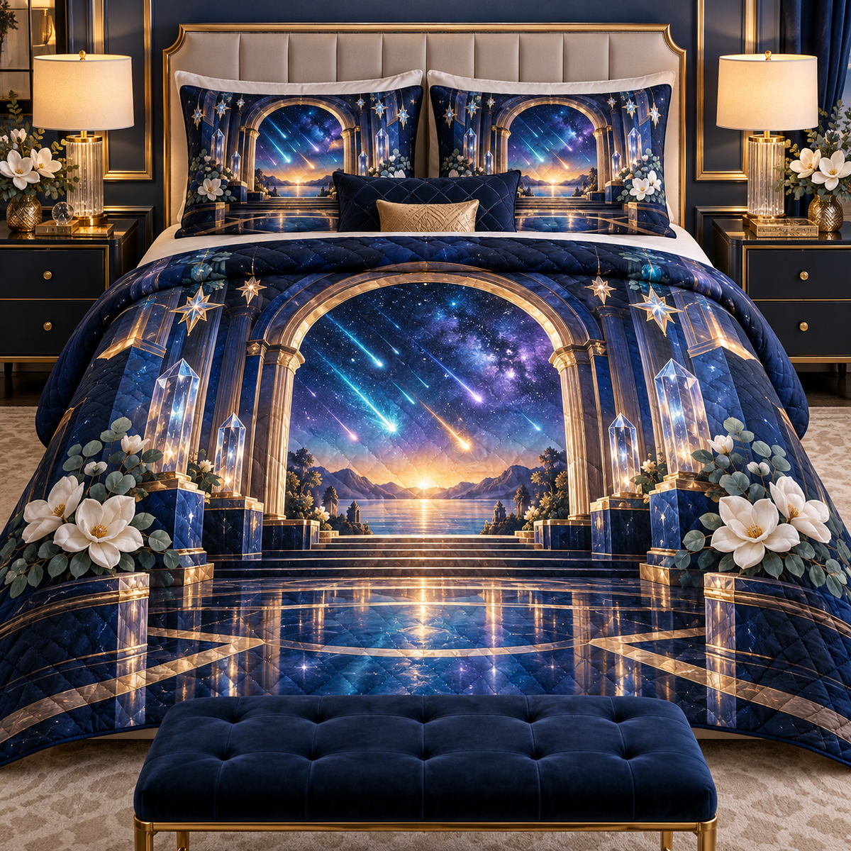 Meteor Hearth Welcome Quilted Bedding Set with printed optical 3D artwork in its use setting