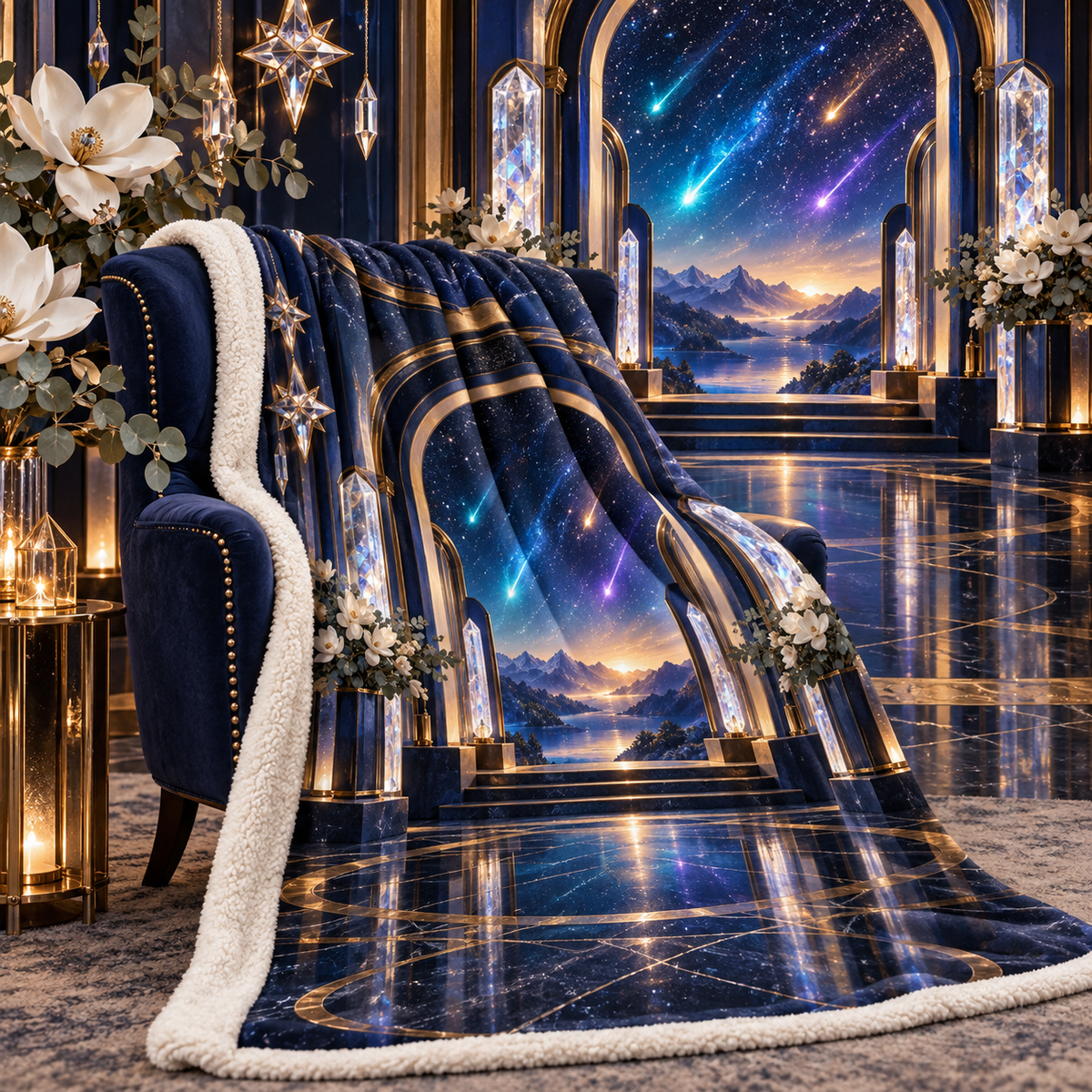 Meteor Hearth Welcome Sherpa & Fleece Blanket with printed optical 3D artwork in its use setting
