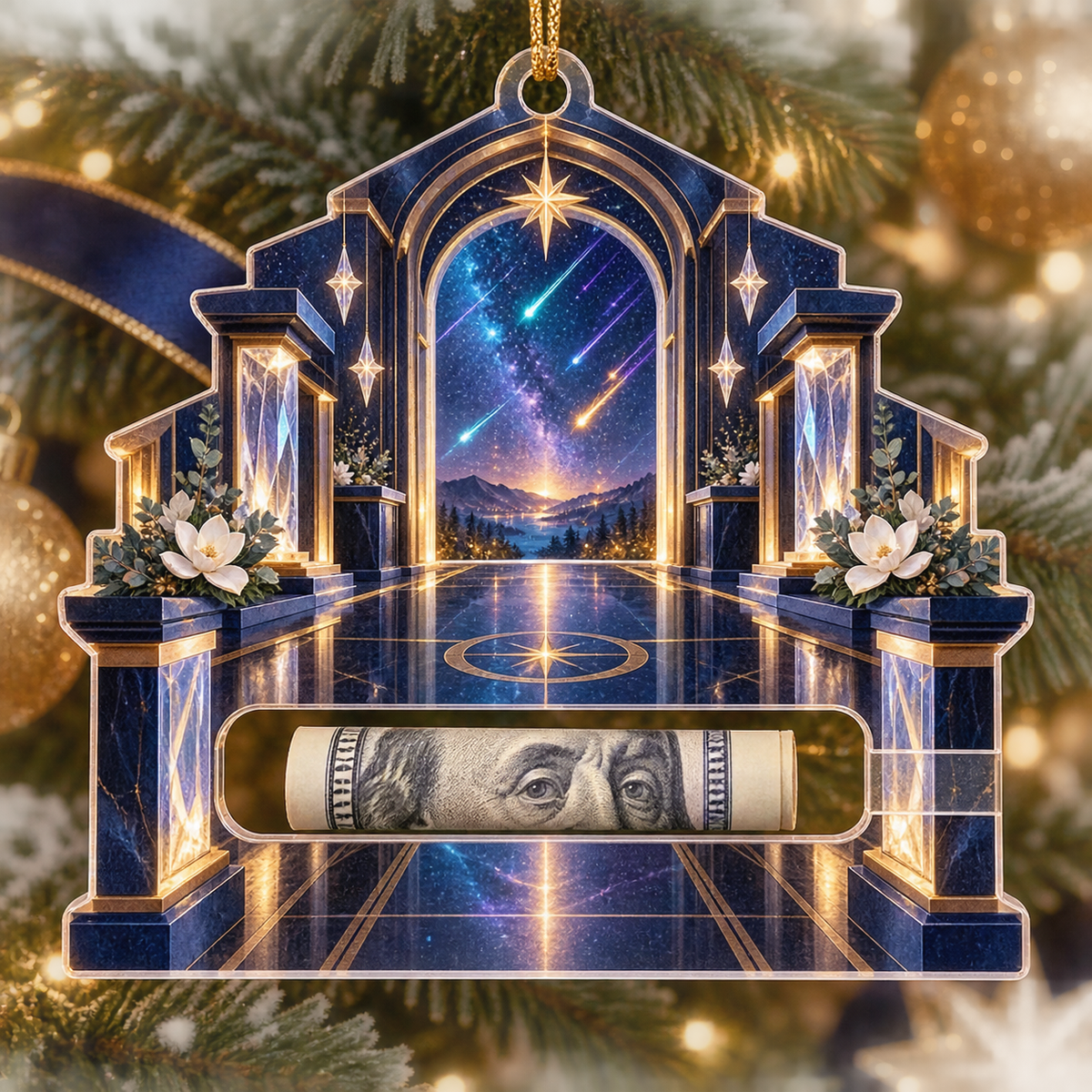 Meteor Hearth Welcome Acrylic Cash Holder Ornament with printed optical 3D artwork in its use setting