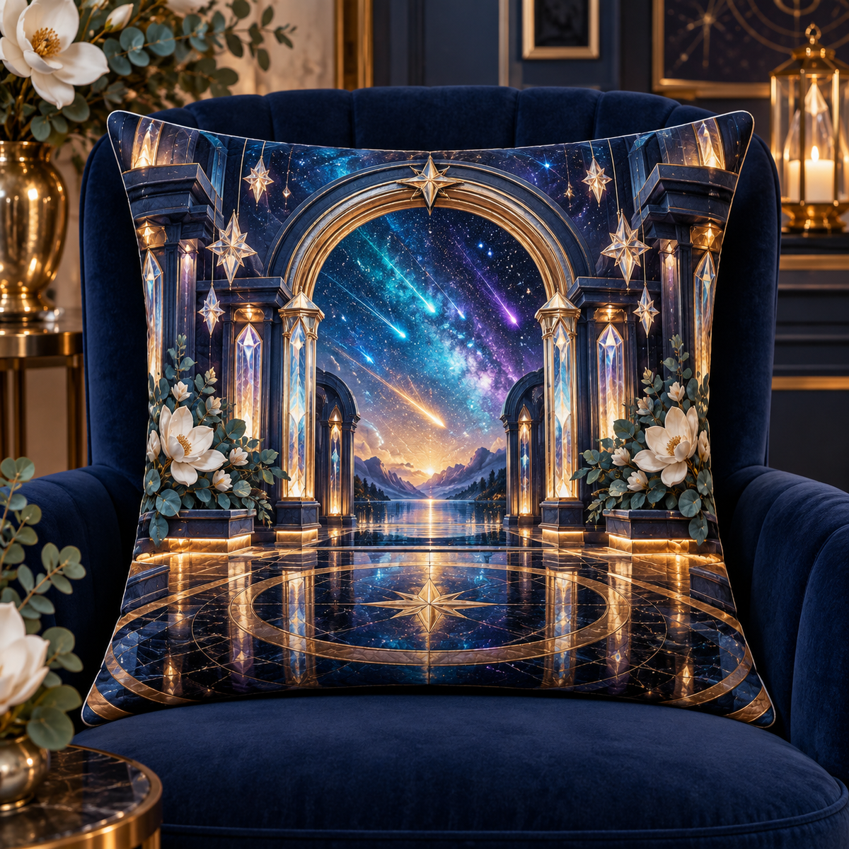 Meteor Hearth Welcome Quilted Cushion Cover with printed optical 3D artwork in its use setting