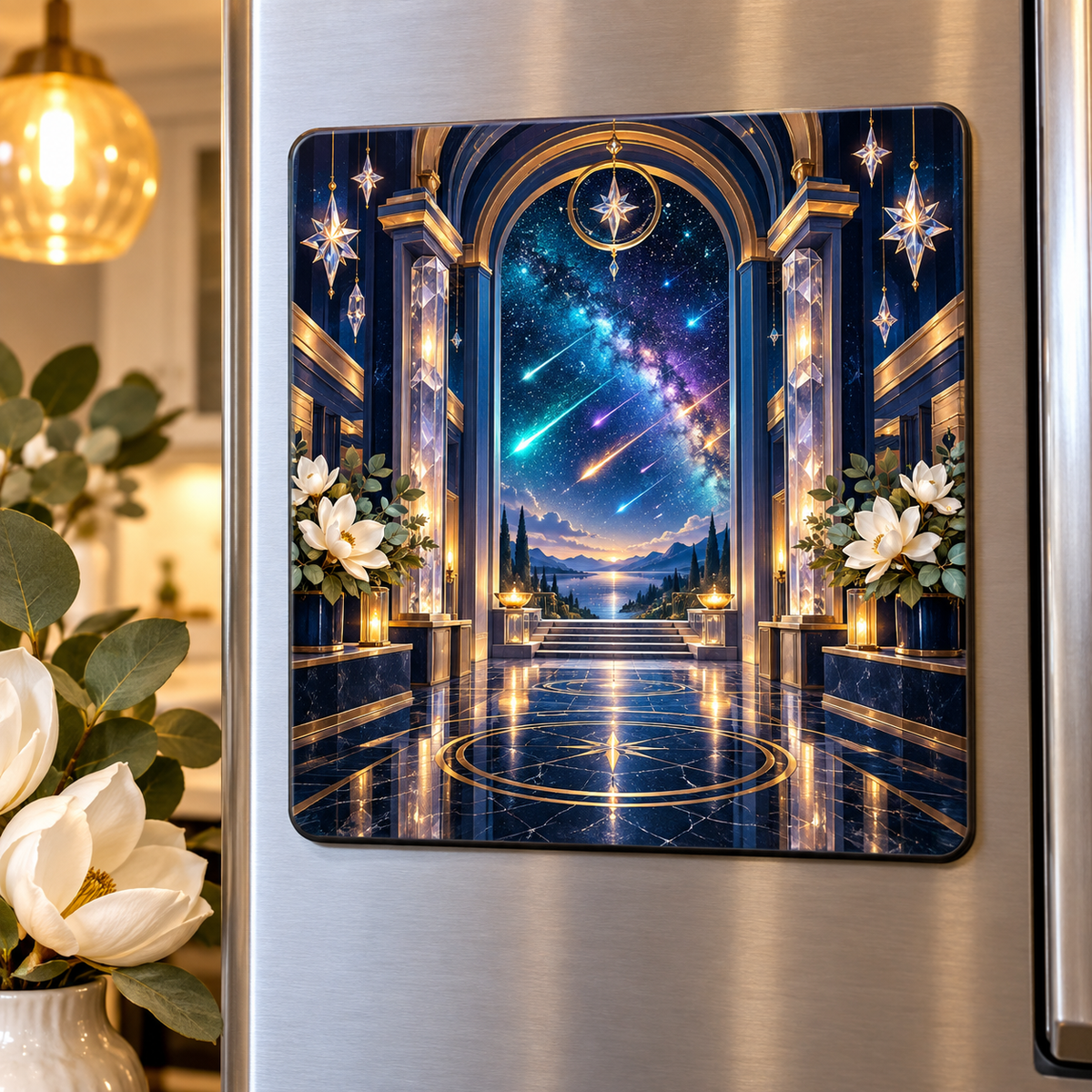 Meteor Hearth Welcome Acrylic Refrigerator Magnet with printed optical 3D artwork in its use setting