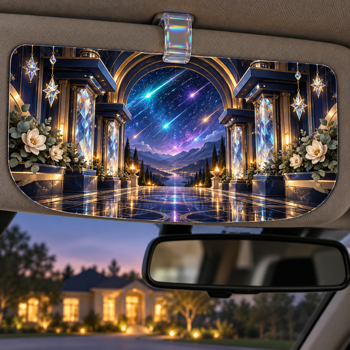 Meteor Hearth Welcome Holographic Car Visor Clip with printed optical 3D artwork in its use setting