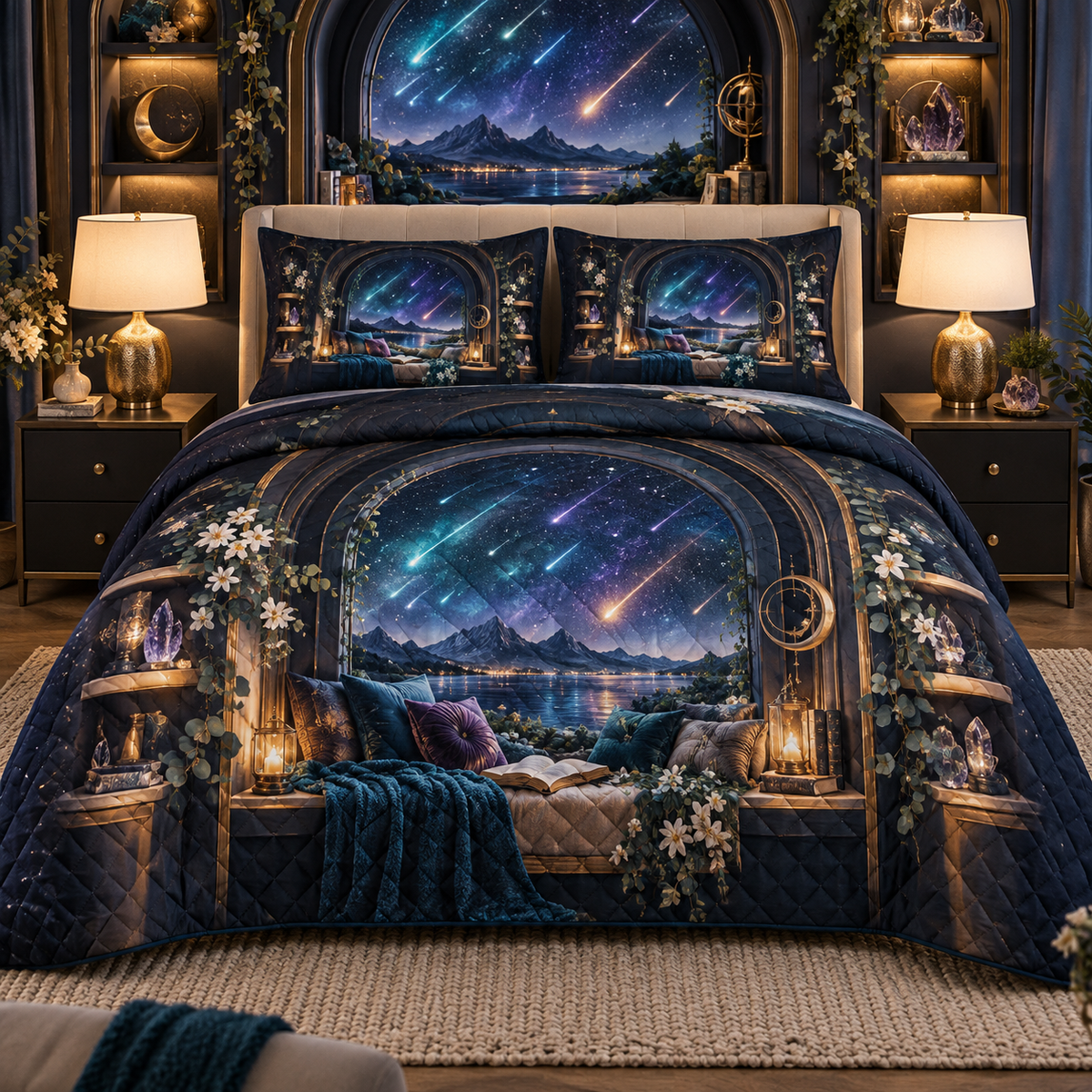 Meteor Reading Nook Quilted Bedding Set with printed optical 3D artwork in its use setting