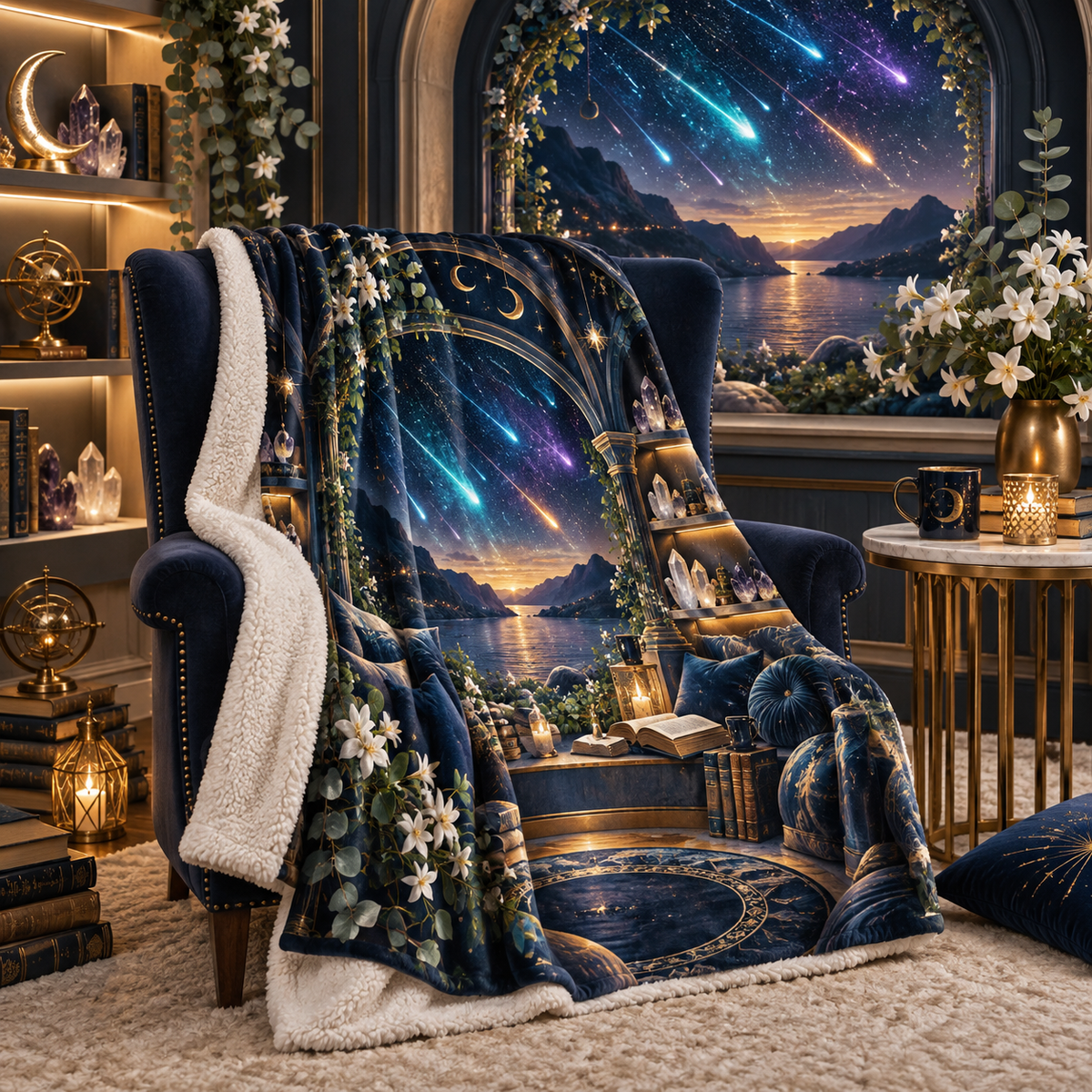 Meteor Reading Nook Sherpa & Fleece Blanket with printed optical 3D artwork in its use setting
