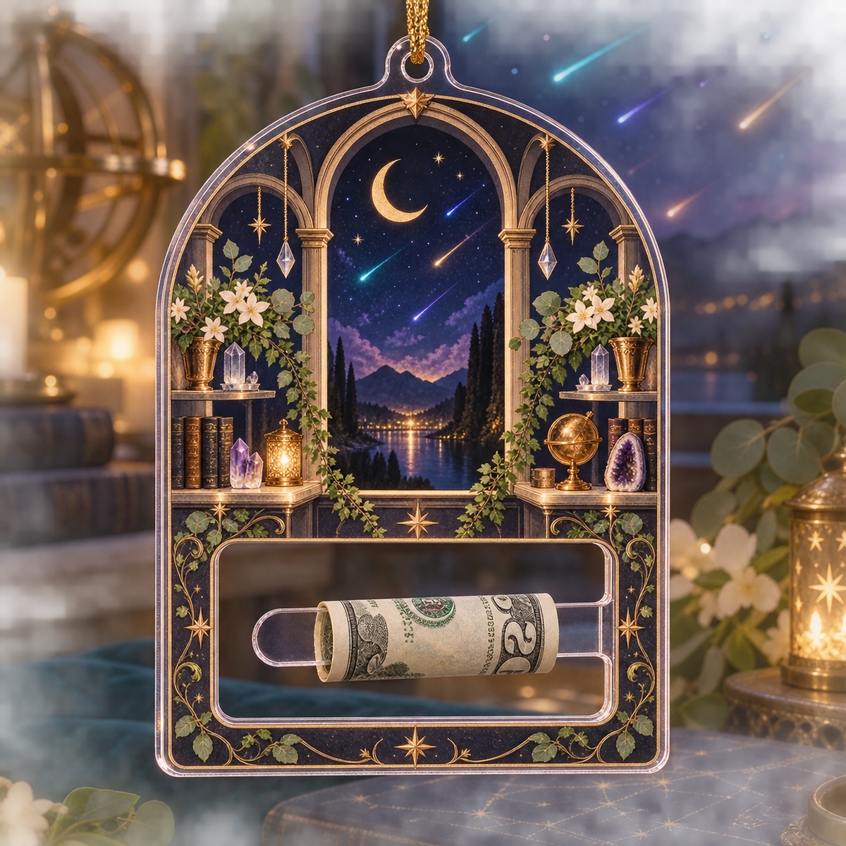 Meteor Reading Nook Acrylic Cash Holder Ornament with printed optical 3D artwork in its use setting