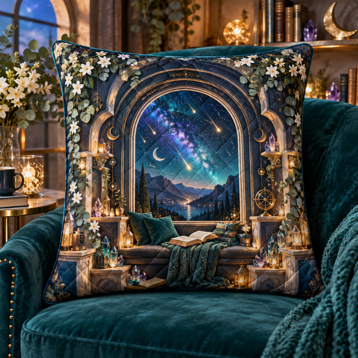 Meteor Reading Nook Quilted Cushion Cover with printed optical 3D artwork in its use setting