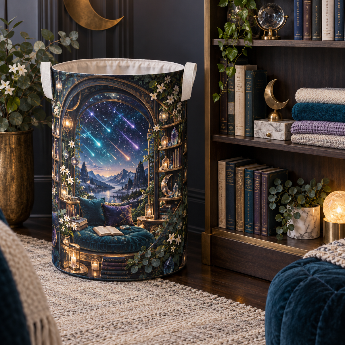 Meteor Reading Nook Laundry Hamper with printed optical 3D artwork in its use setting