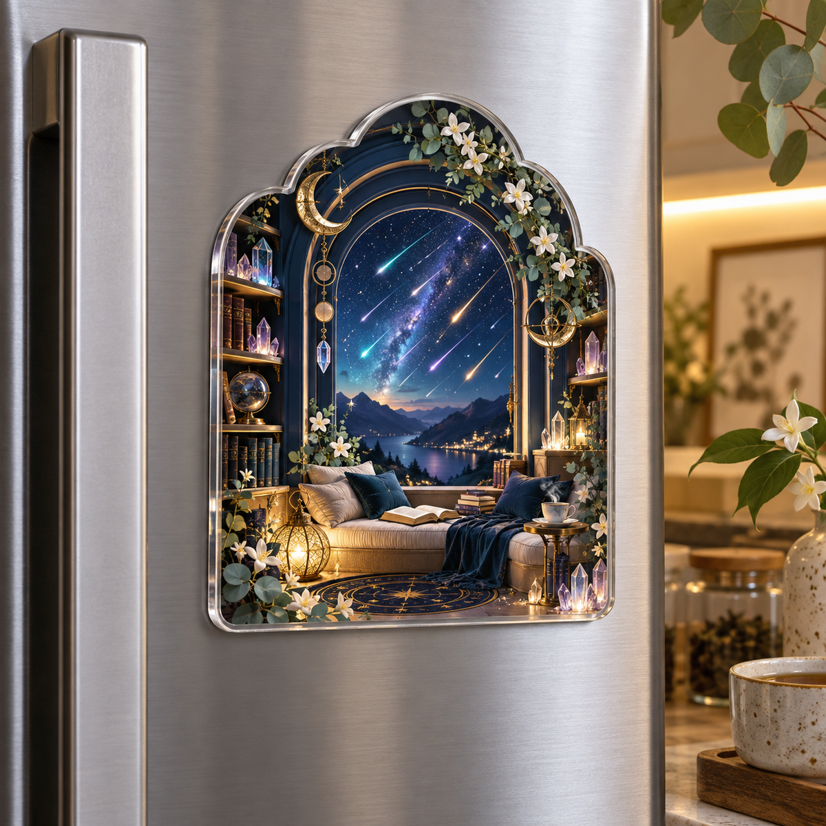 Meteor Reading Nook Acrylic Refrigerator Magnet with printed optical 3D artwork in its use setting