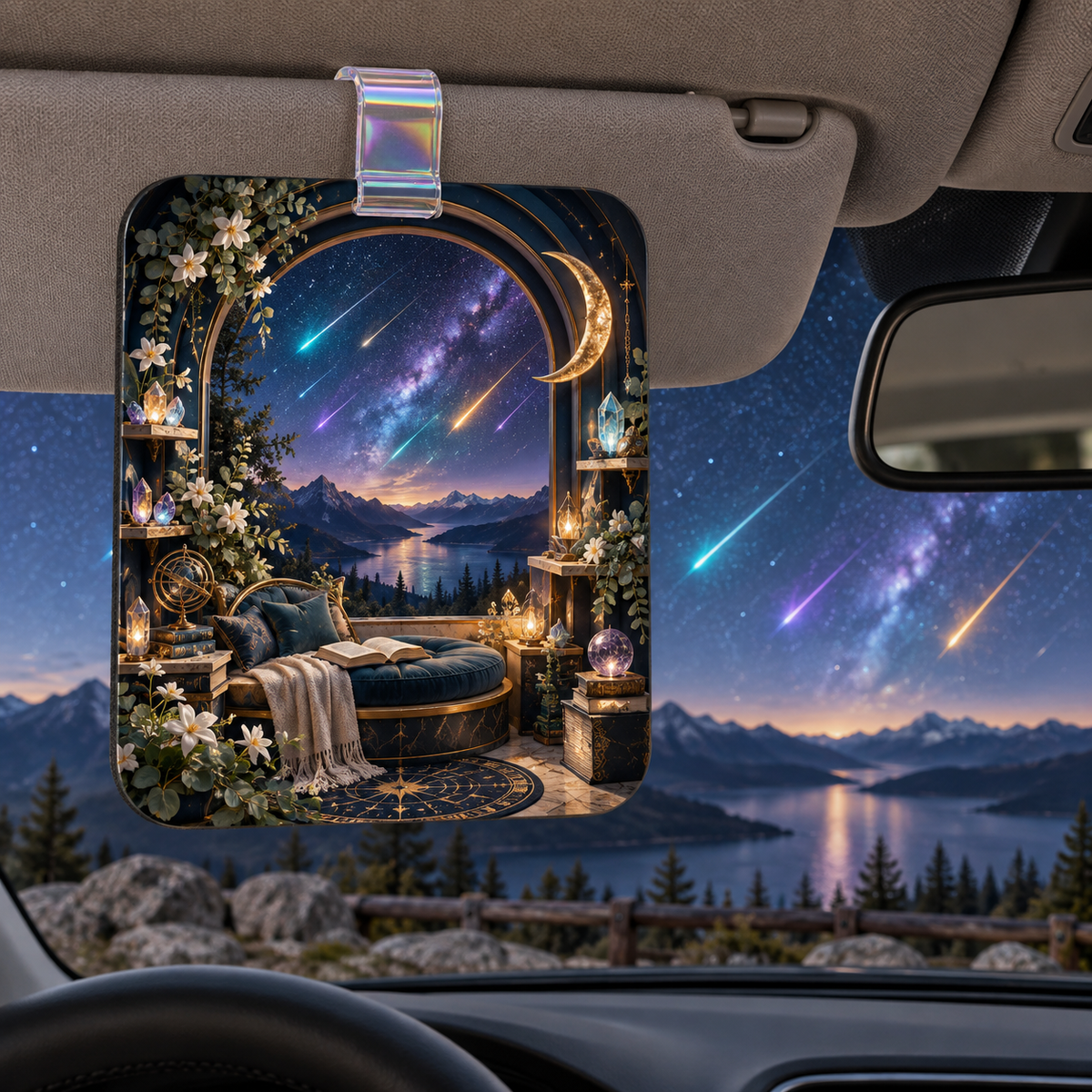 Meteor Reading Nook Holographic Car Visor Clip with printed optical 3D artwork in its use setting