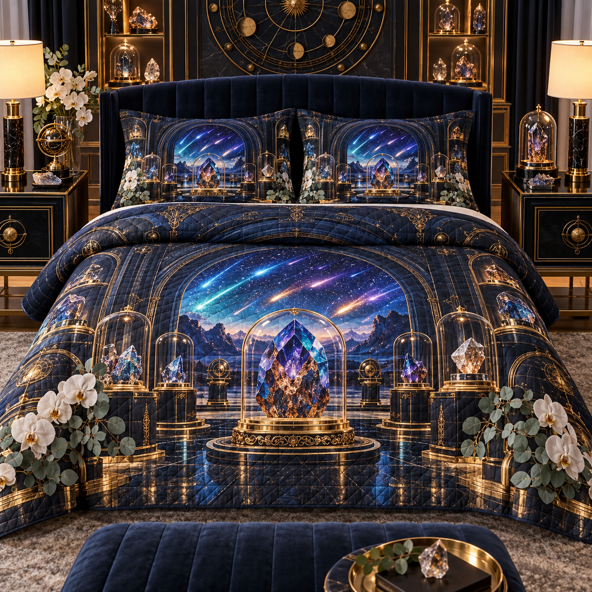 Meteor Curio Vault Quilted Bedding Set with printed optical 3D artwork in its use setting