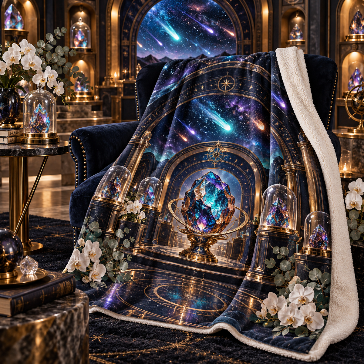 Meteor Curio Vault Sherpa & Fleece Blanket with printed optical 3D artwork in its use setting