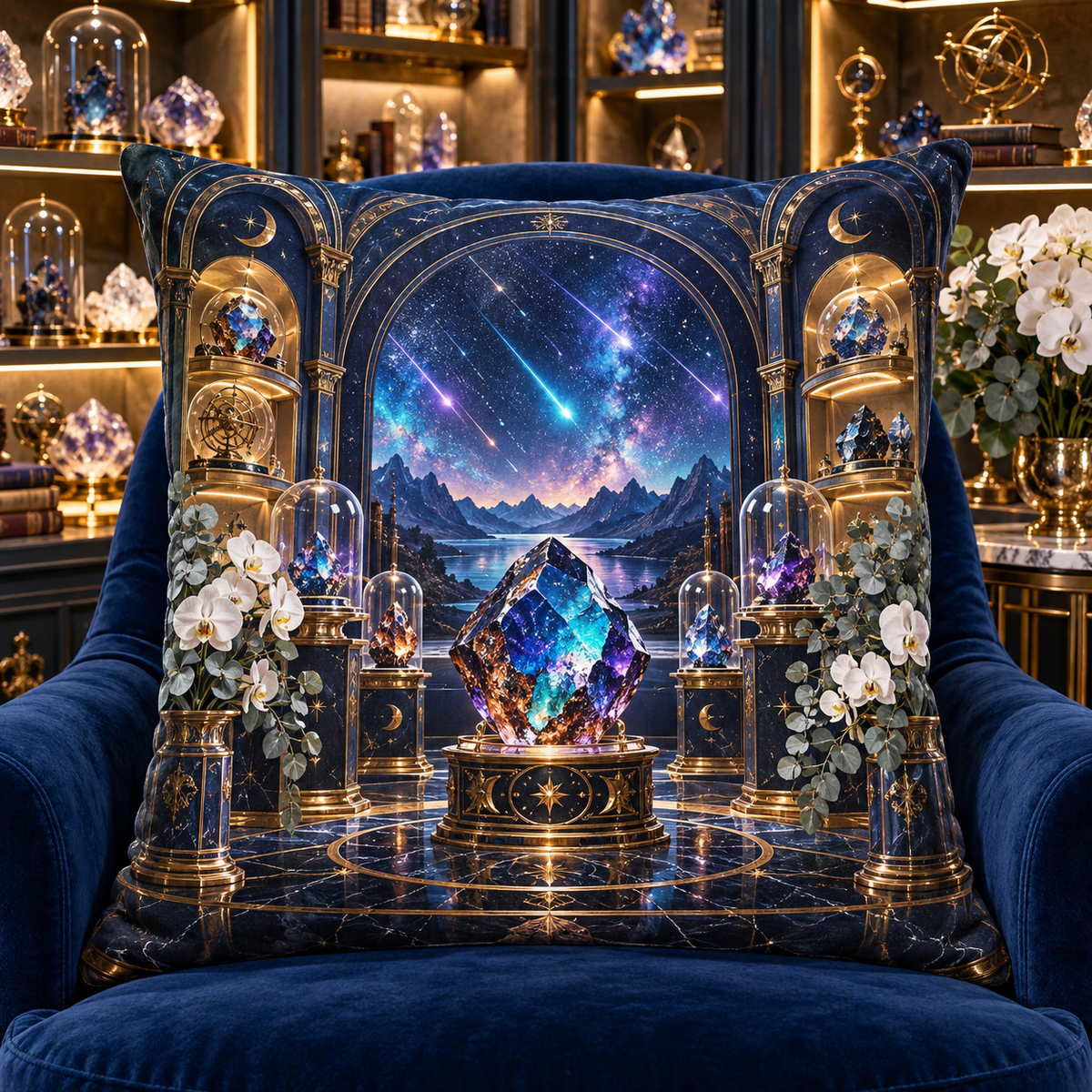 Meteor Curio Vault Quilted Cushion Cover with printed optical 3D artwork in its use setting