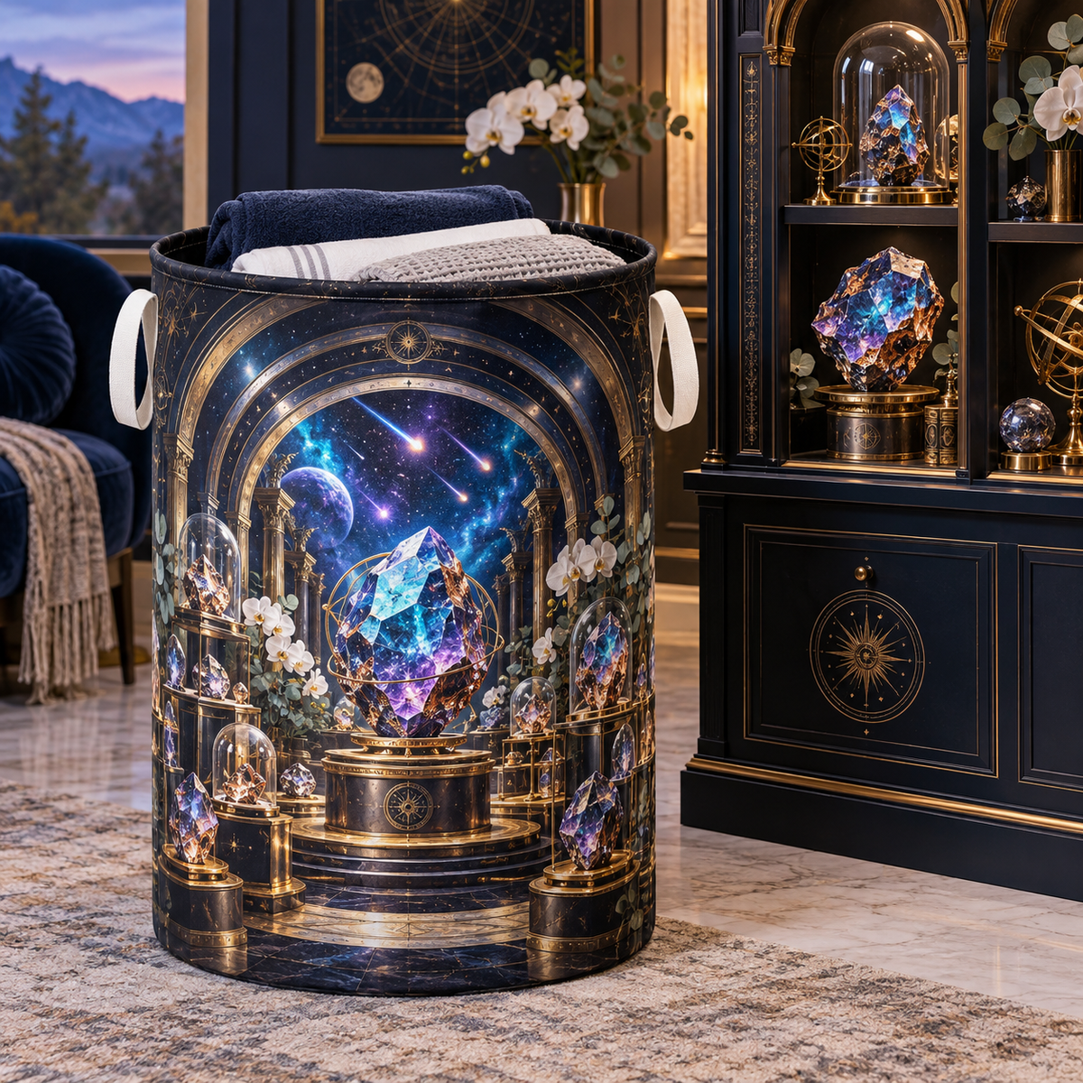 Meteor Curio Vault Laundry Hamper with printed optical 3D artwork in its use setting