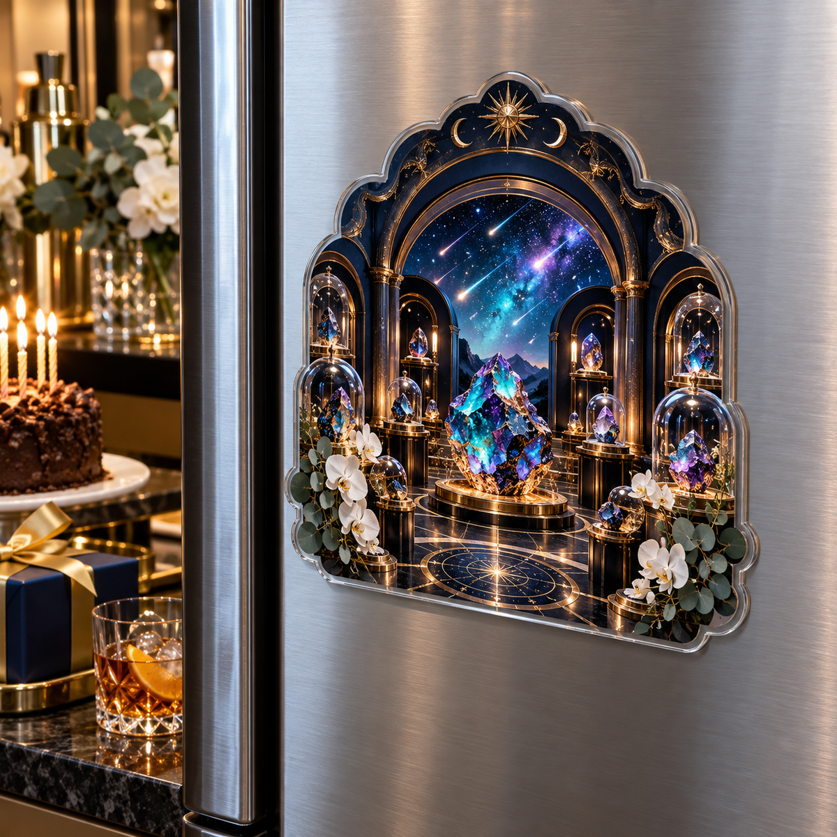 Meteor Curio Vault Acrylic Refrigerator Magnet with printed optical 3D artwork in its use setting