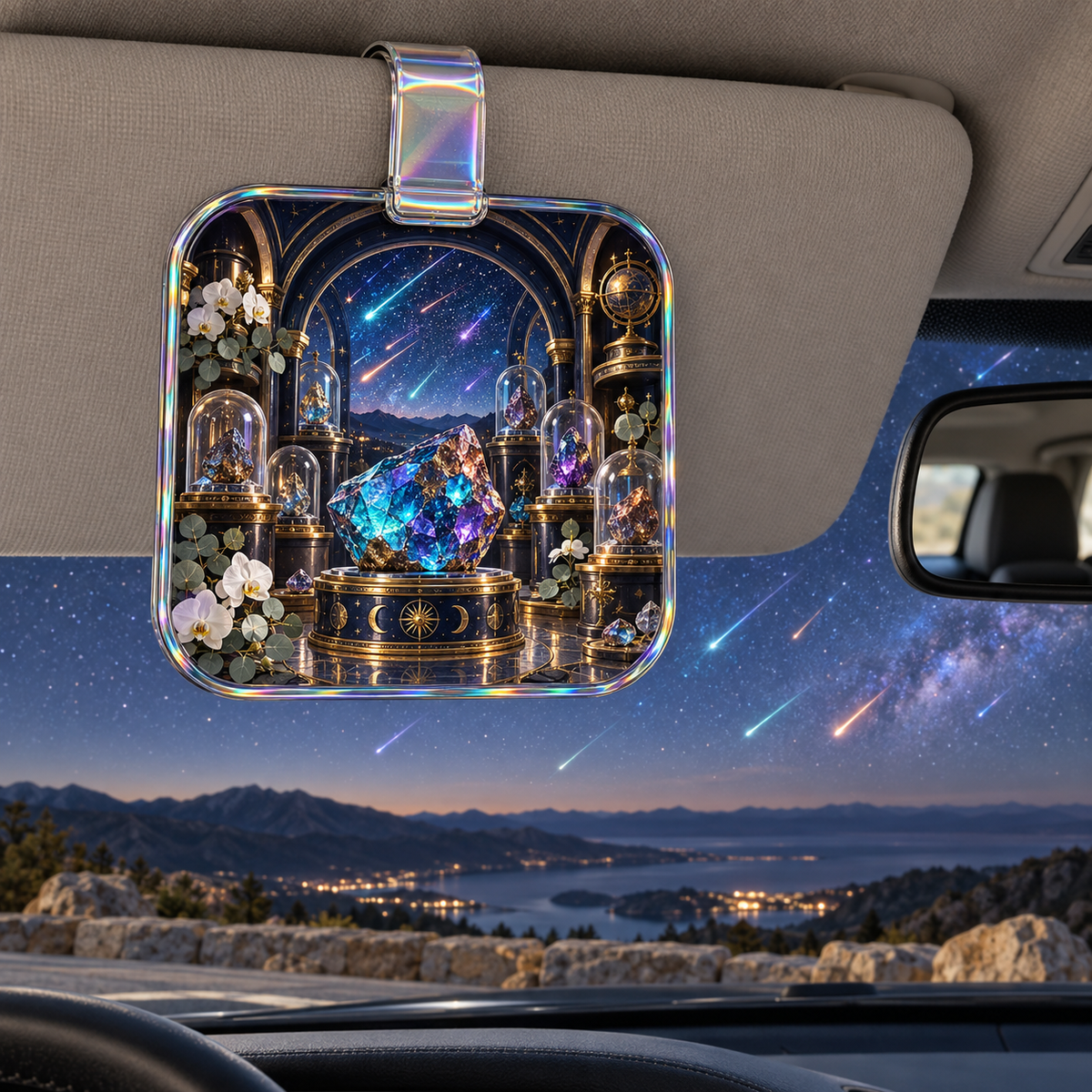 Meteor Curio Vault Holographic Car Visor Clip with printed optical 3D artwork in its use setting