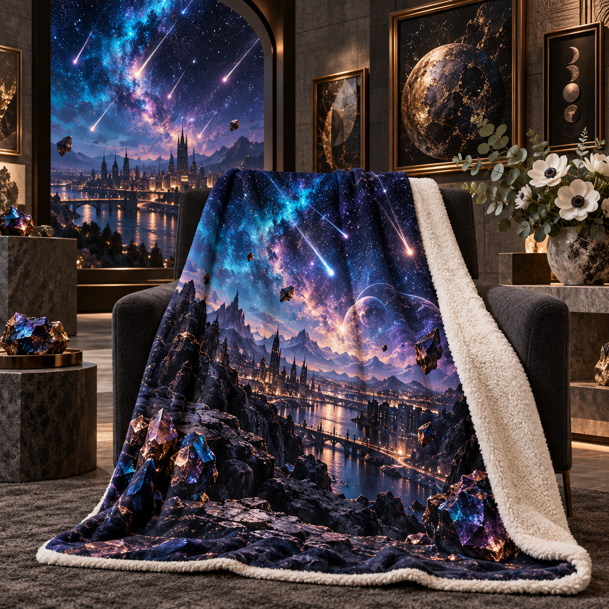 Meteor Loft Gallery Sherpa & Fleece Blanket with printed optical 3D artwork in its use setting