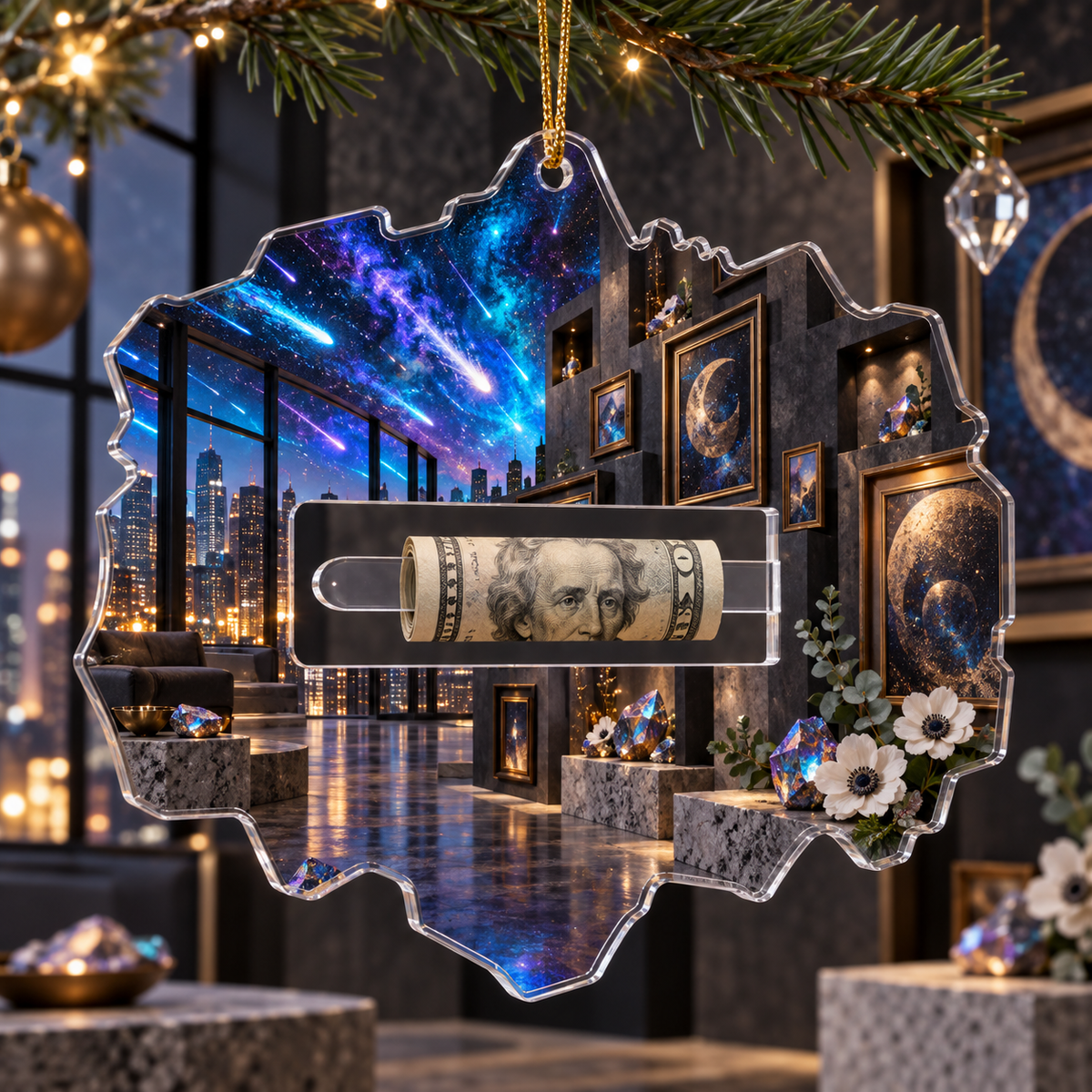 Meteor Loft Gallery Acrylic Cash Holder Ornament with printed optical 3D artwork in its use setting