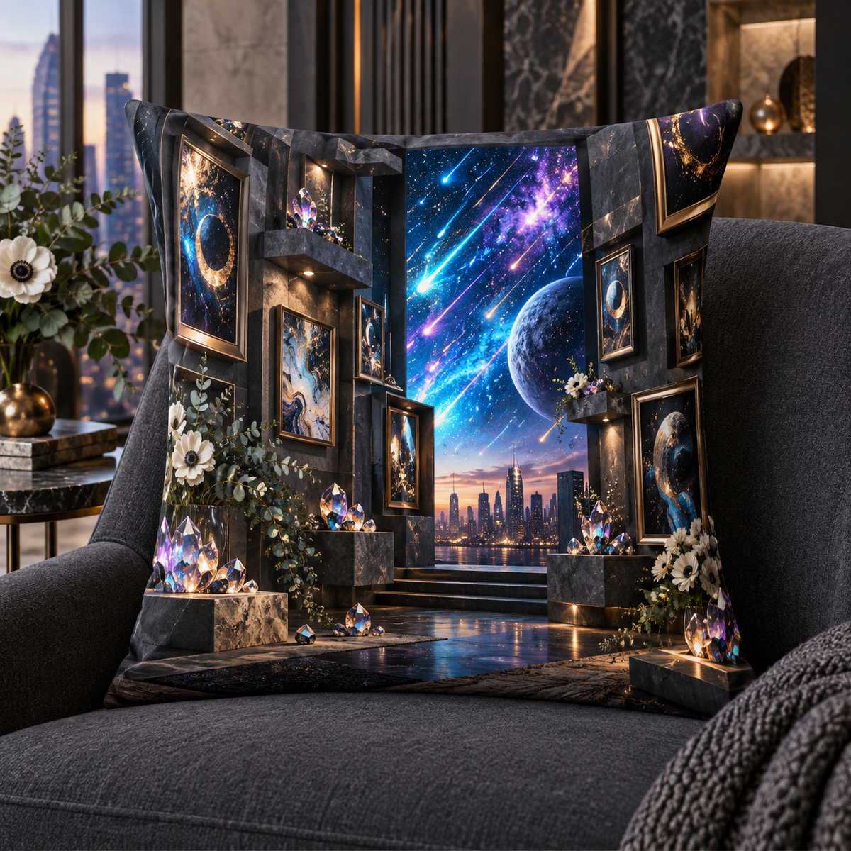 Meteor Loft Gallery Quilted Cushion Cover with printed optical 3D artwork in its use setting