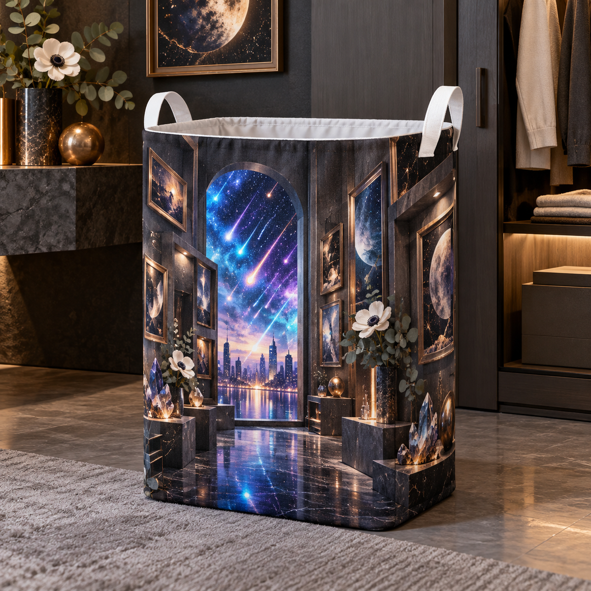 Meteor Loft Gallery Laundry Hamper with printed optical 3D artwork in its use setting