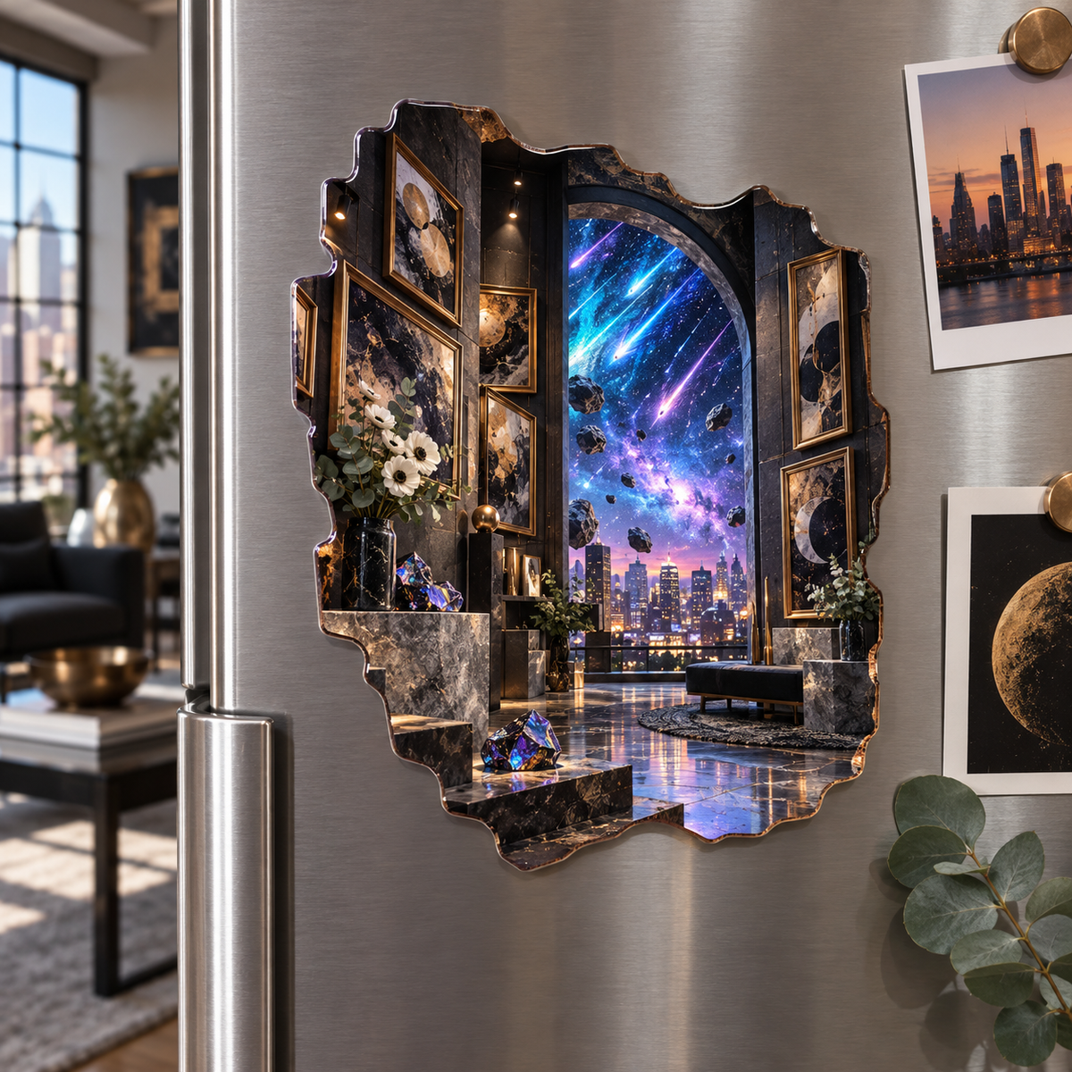 Meteor Loft Gallery Acrylic Refrigerator Magnet with printed optical 3D artwork in its use setting