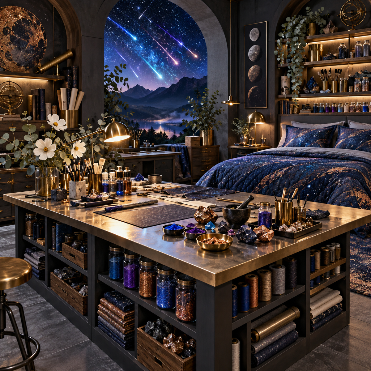 Meteor Maker Studio Quilted Bedding Set with printed optical 3D artwork in its use setting