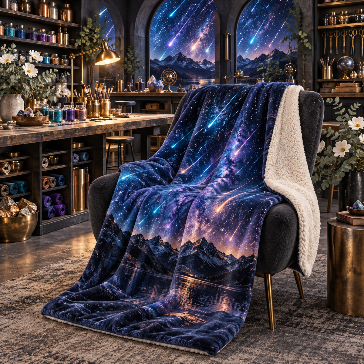 Meteor Maker Studio Sherpa & Fleece Blanket with printed optical 3D artwork in its use setting