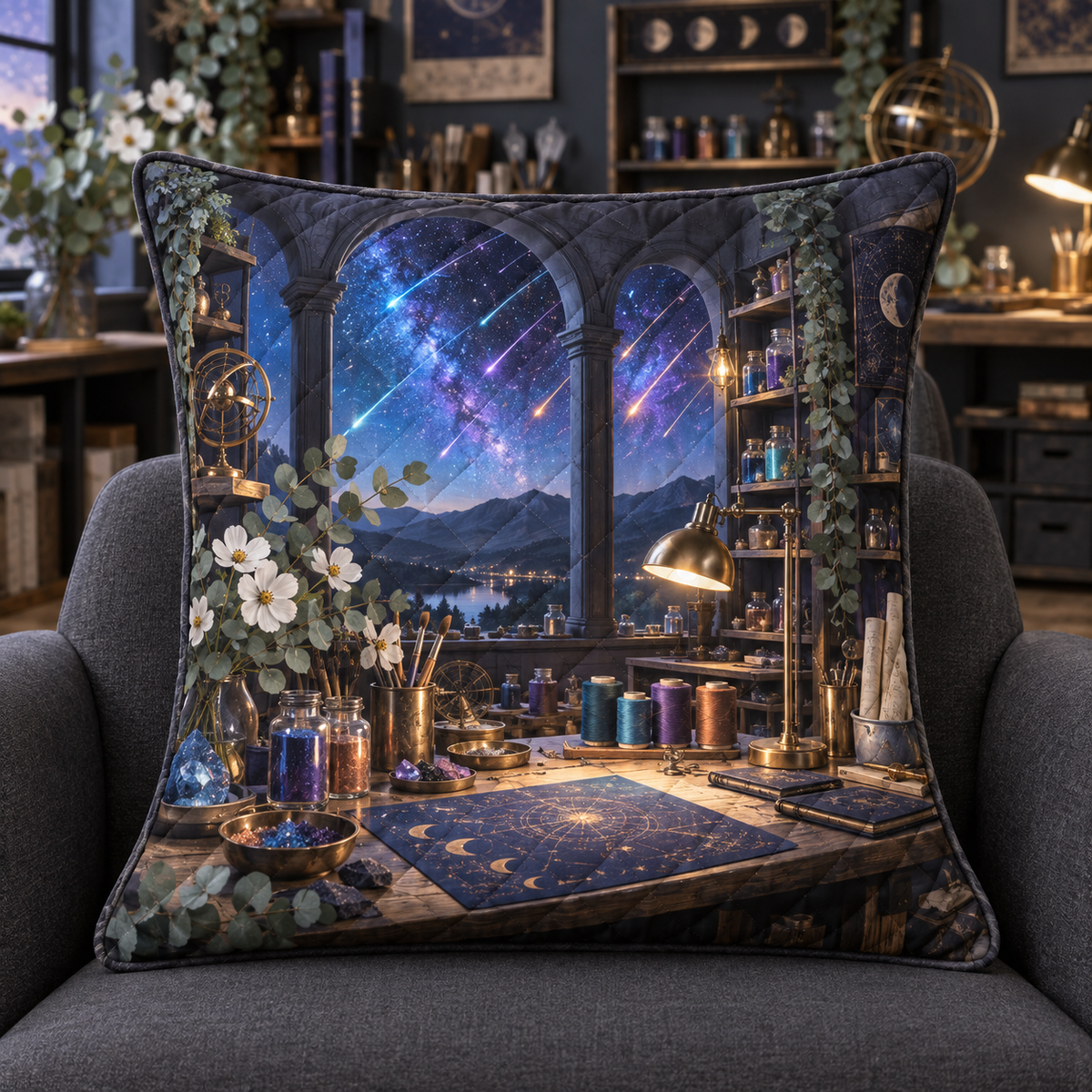Meteor Maker Studio Quilted Cushion Cover with printed optical 3D artwork in its use setting